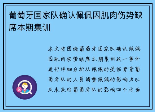 葡萄牙国家队确认佩佩因肌肉伤势缺席本期集训